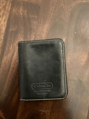 Coach Black Leather Card & Key Holder with White Stitching